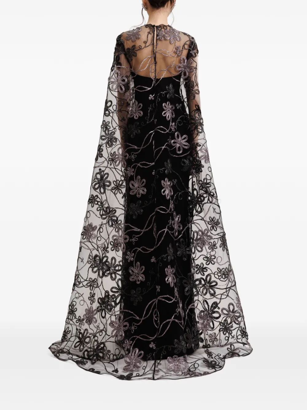 Gemy Maalouf Jurk met geborduurde bloemen en cape Zwart