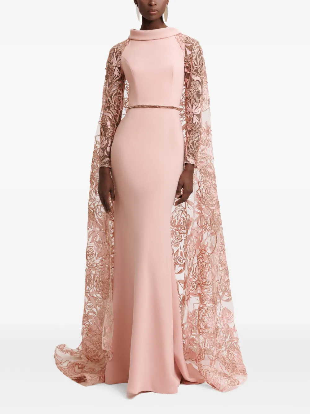 Gemy Maalouf Maxi-jurk met geborduurde bloemen en cape Roze