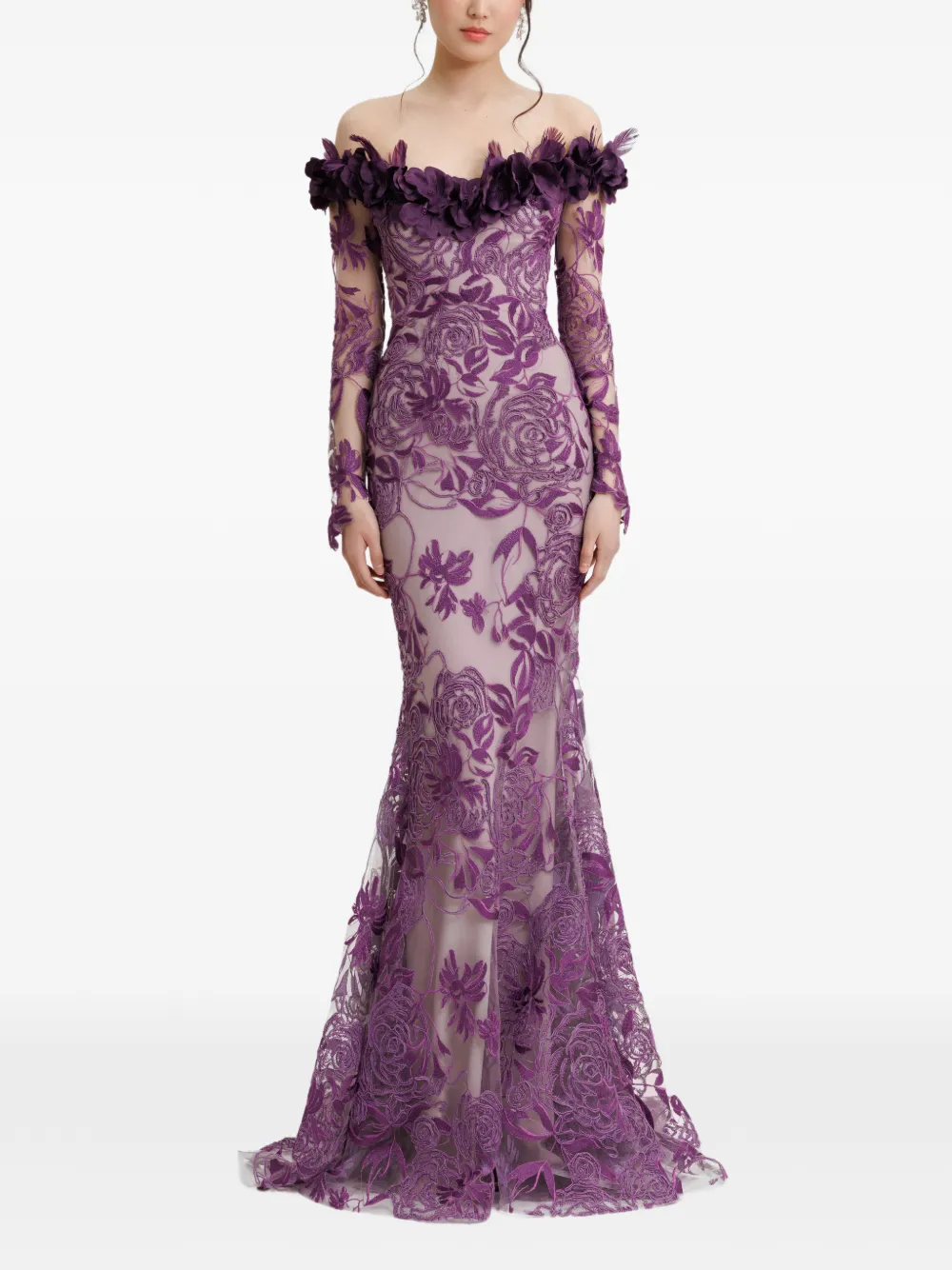 Gemy Maalouf Off-shoulder maxi-jurk met bloemenpatroon Paars
