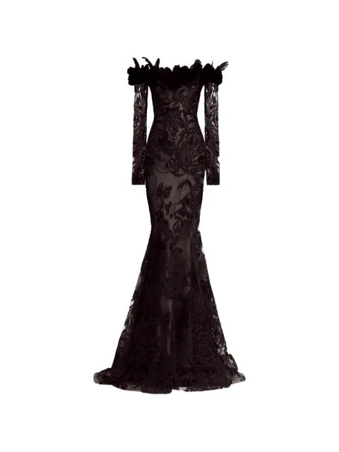 Gemy Maalouf floral-lace feathered dress