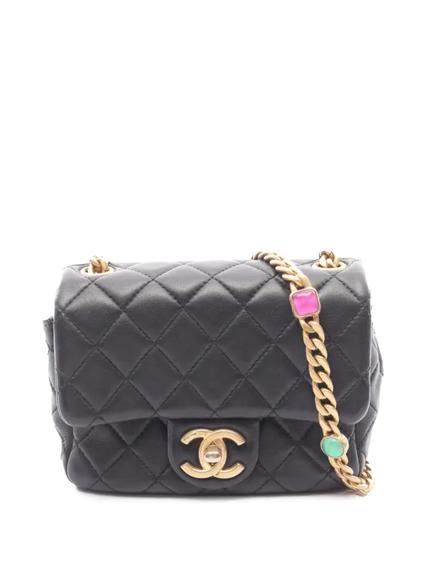 Chanel Pre-owned 2021 Mini Square Classic Lambskin Charms Single Flap Shoulder Bag in Black