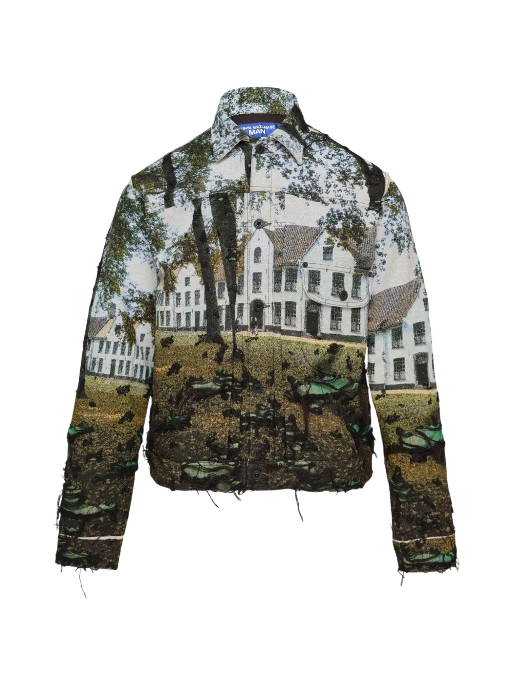Junya Watanabe house-landscape-print distressed jacket - Verde
