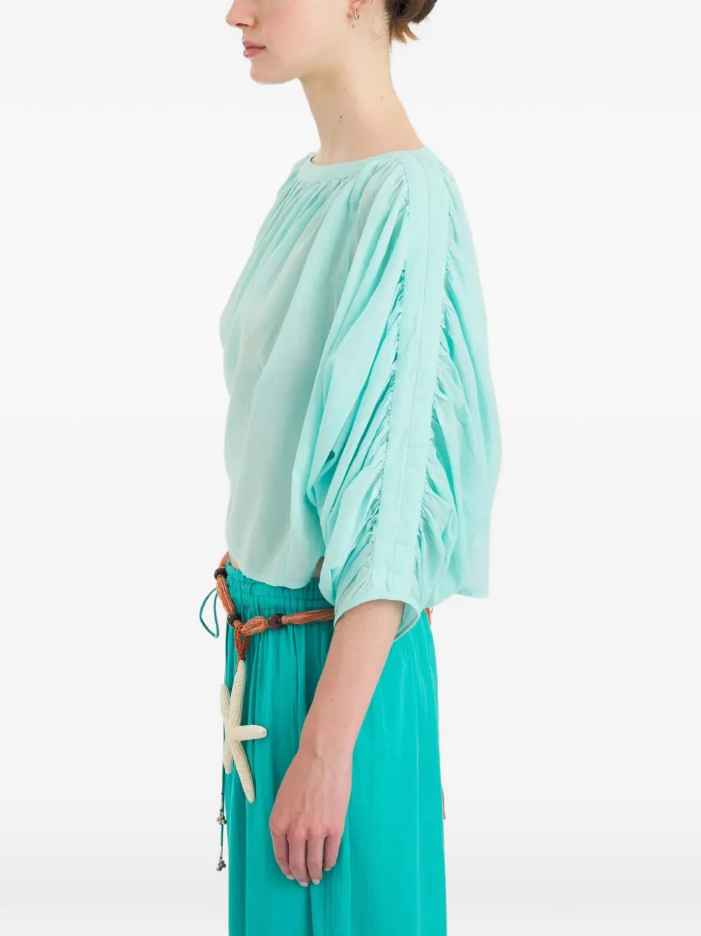 Antik Batik Fruti top met ruchemouwen en boothals Blauw