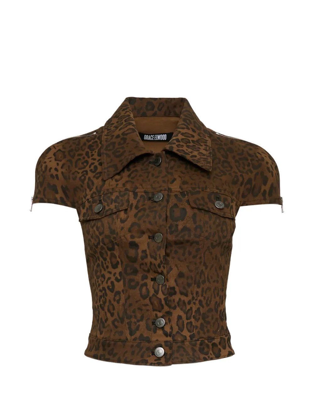 Grace Elwood Leopard-print Short-sleeve Jacket In Brown