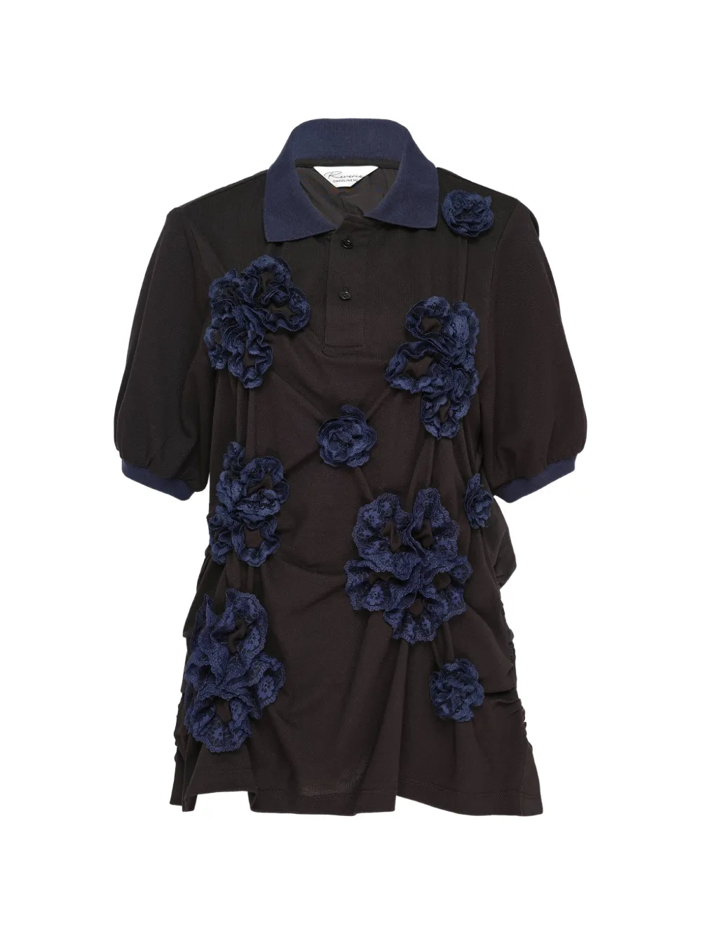 CAROLINE HU floral-appliqué ruched polo shirt - Nero