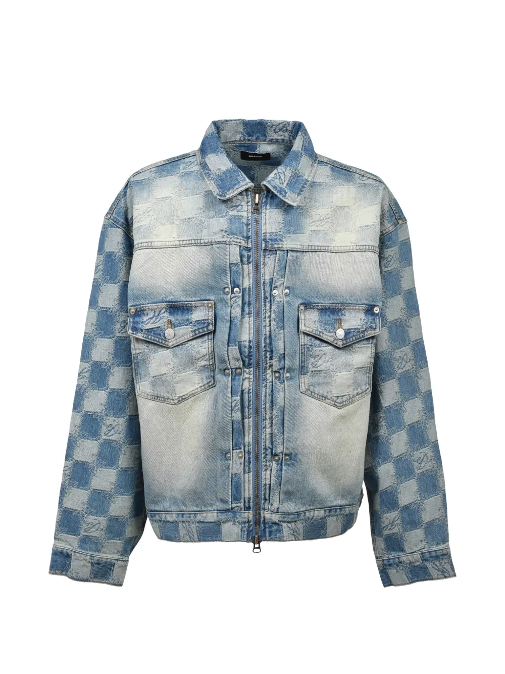 BREATH check-pattern distressed denim jacket - Blau