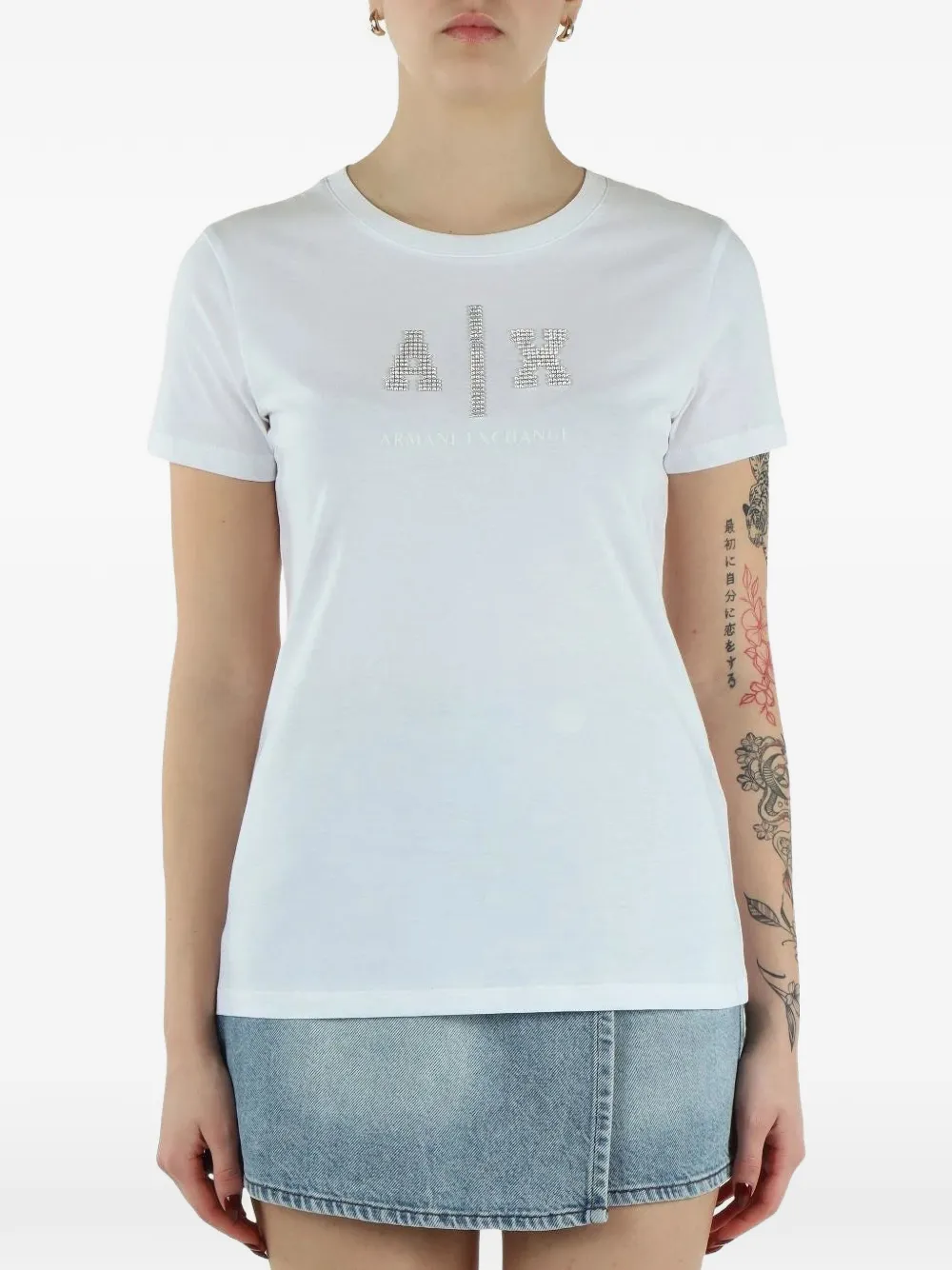 Armani Exchange Rhinestone-logo T-shirt In White