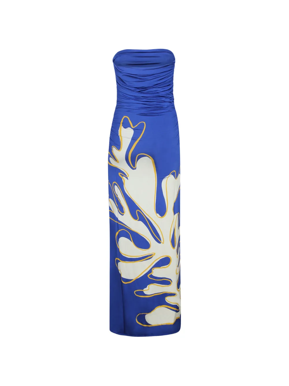 Cala de la Cruz Daphne jurk met ruches en koraalprint Blauw