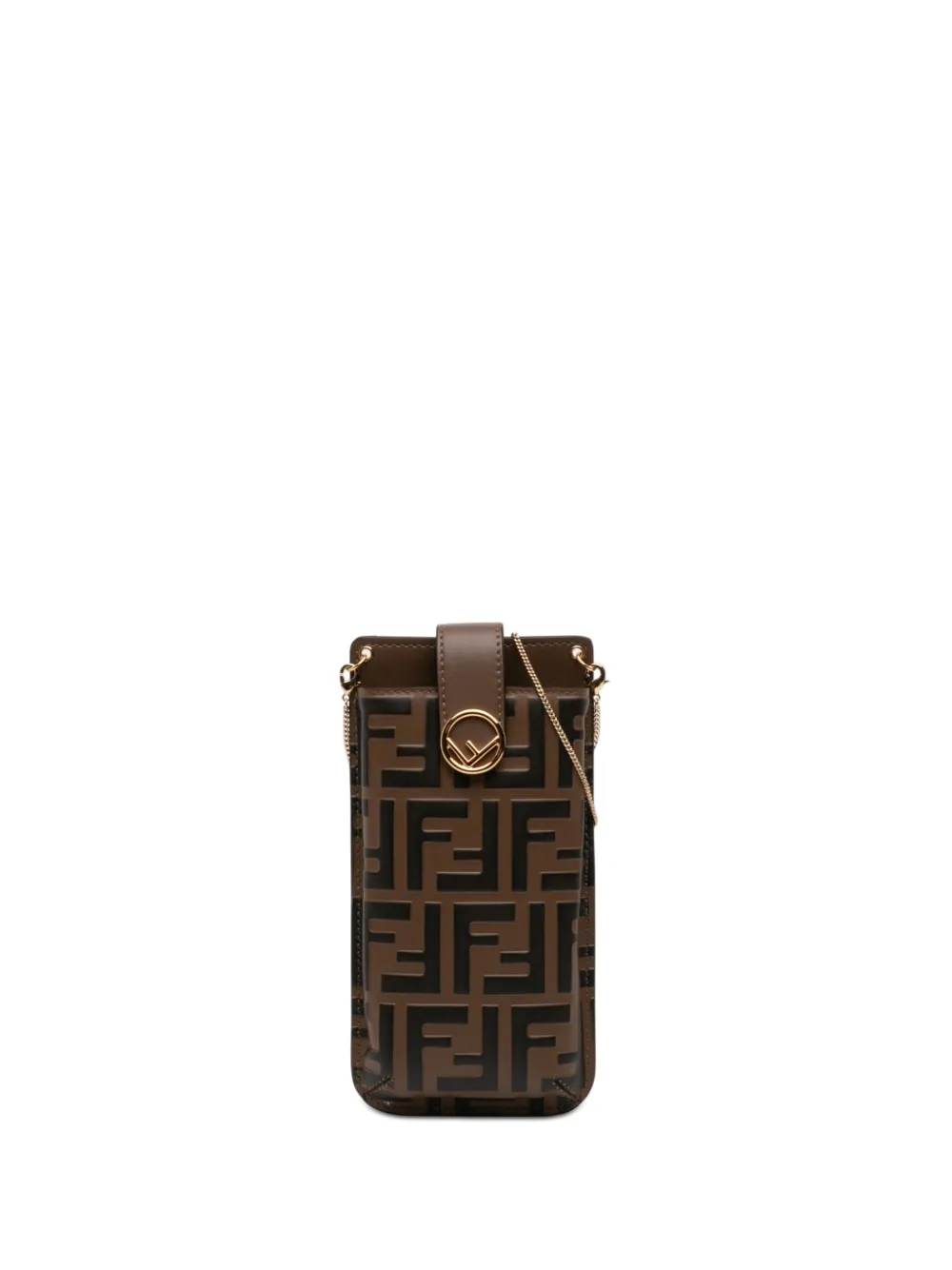 Pre-owned Fendi 2010-2026 Ff 1974 Embossed Leather Phone Pouch On Chain Crossbody Bag In Brown