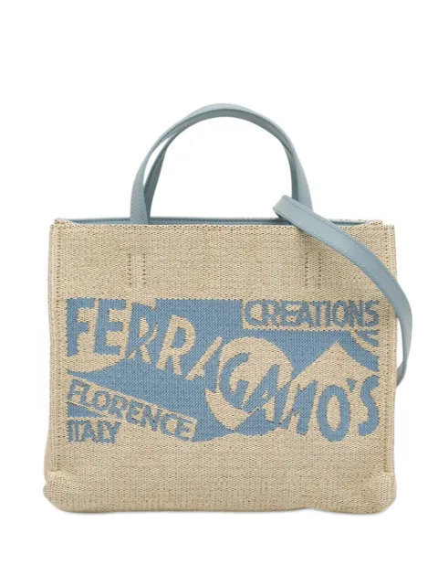 Ferragamo Pre-Owned 2010-2026 페라가모스 크리에이션 미디엄 라피아 쇼핑 토트 사첼 백