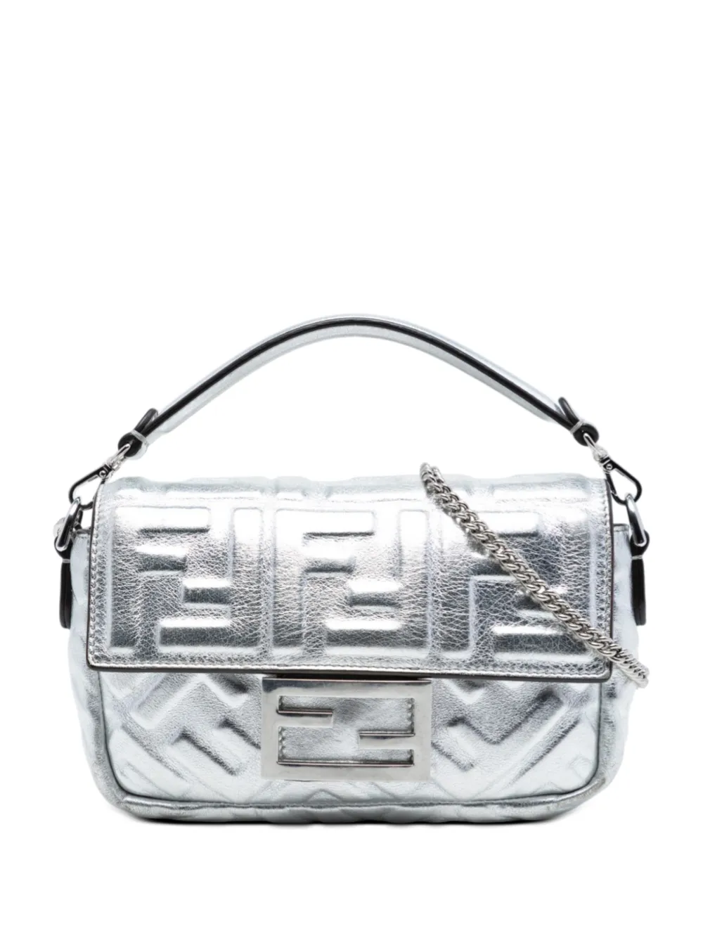 Fendi Pre-Owned 2010-2026 Mini Zucca Embossed Metallic Leather Baguette satchel - Argento