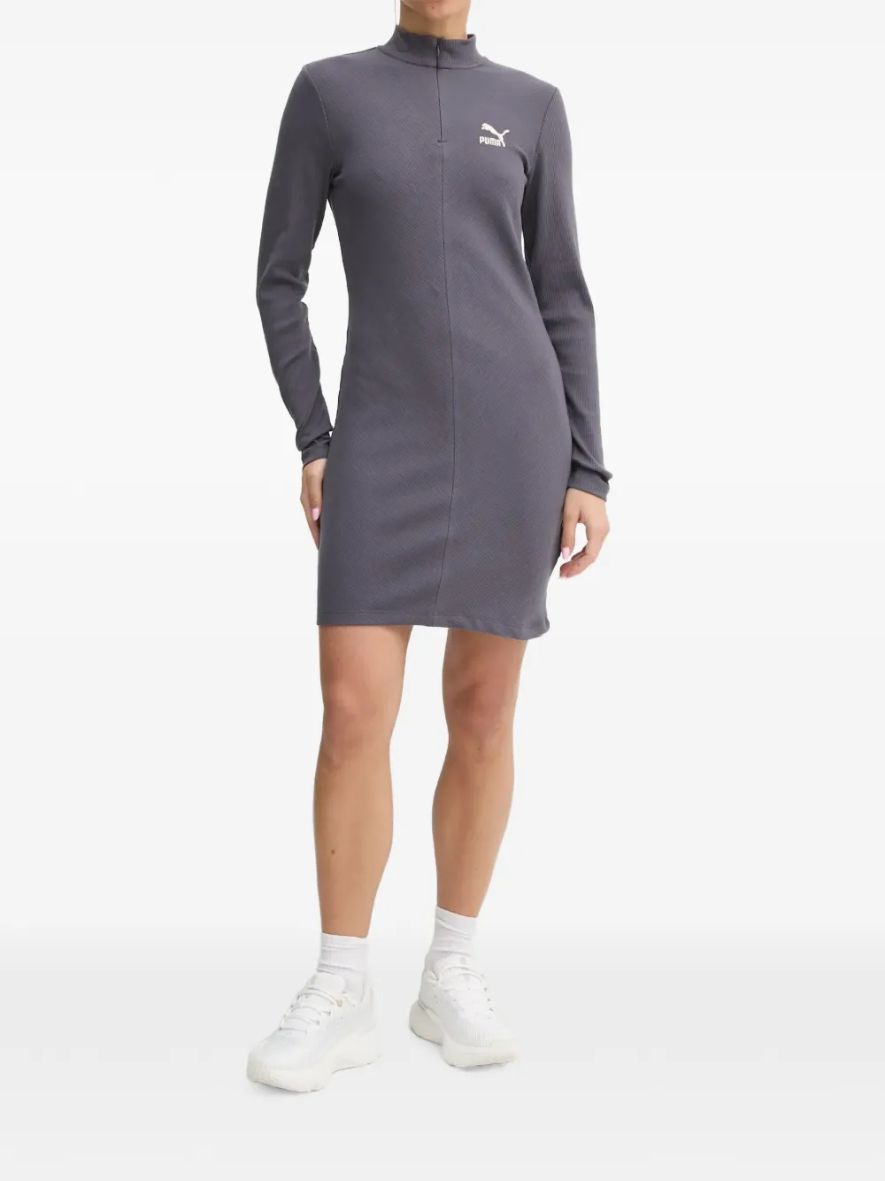 PUMA Ribgebreide mini-jurk met lange mouwen Grijs