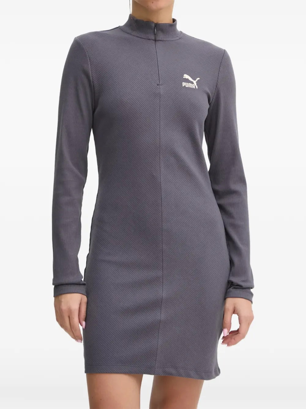 Puma Ribbed-knit Long-sleeve Mini Dress In Grey