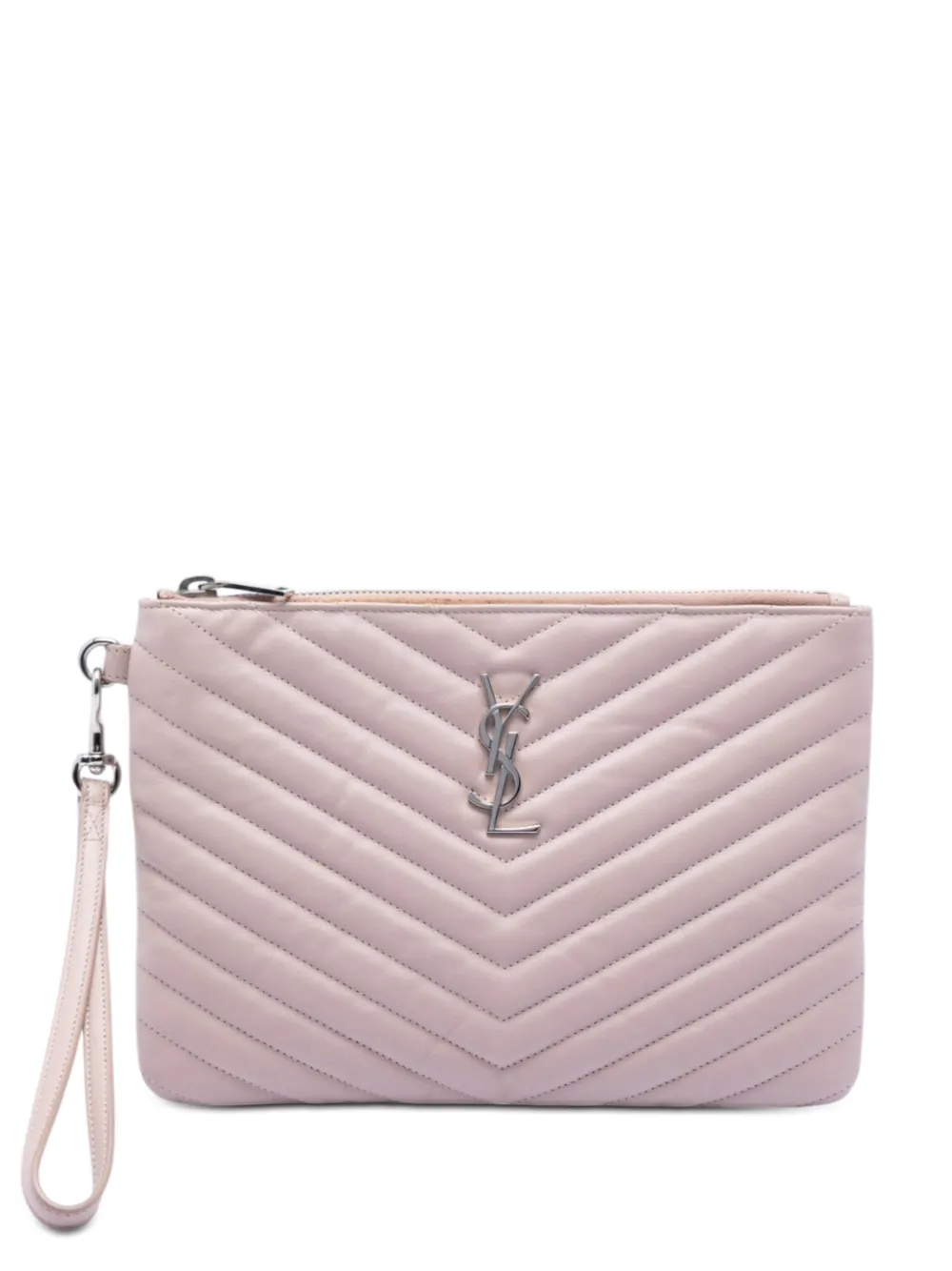 Saint Laurent Pre-Owned 2017 Chevron Leather Monogram Zip A5 Wristlet Pouch clutch bag - Nude