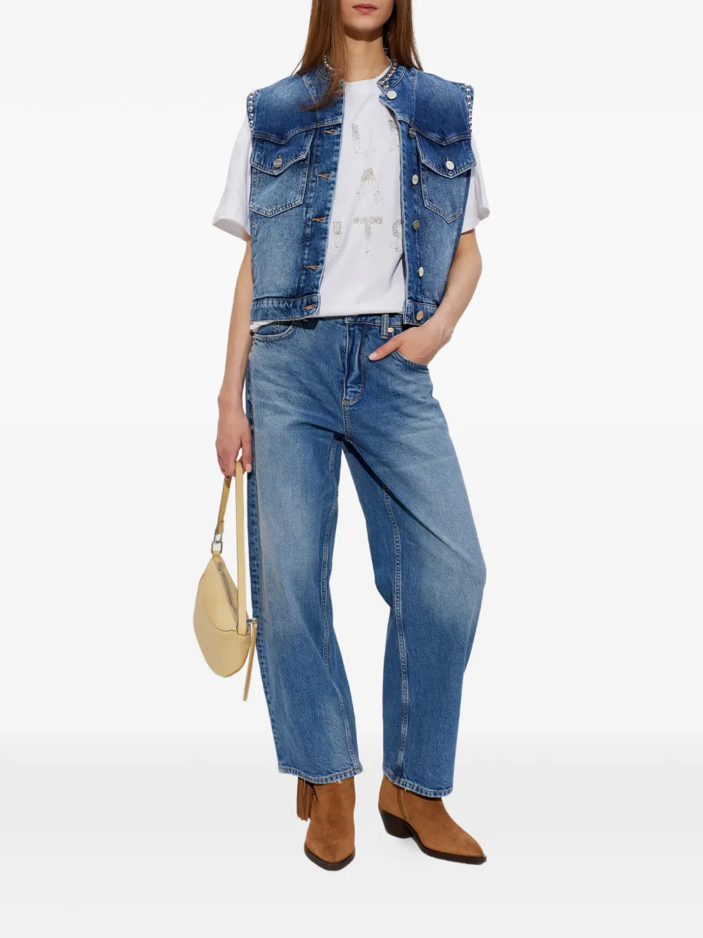 AllSaints Mav denim gilet verfraaid met studs Blauw