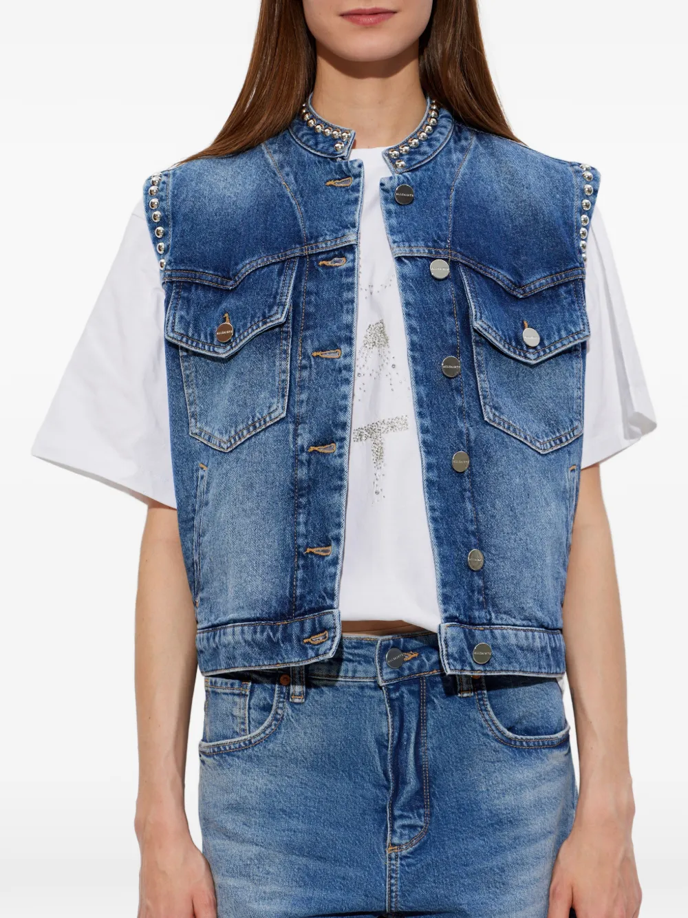 AllSaints Mav denim gilet verfraaid met studs Blauw