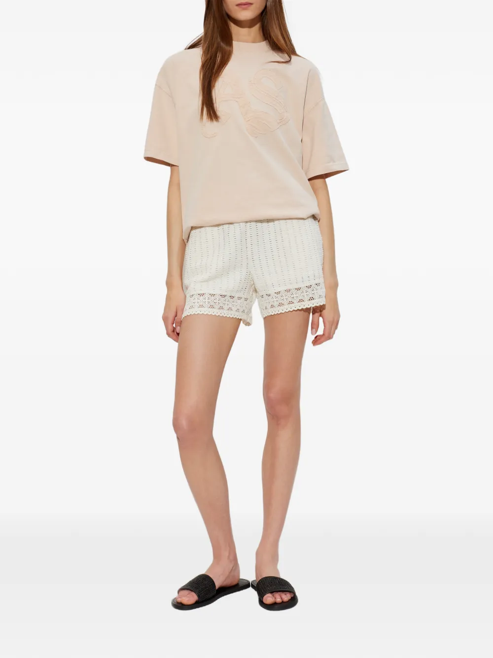 AllSaints Elma gehaakte shorts met kanten afwerking Beige