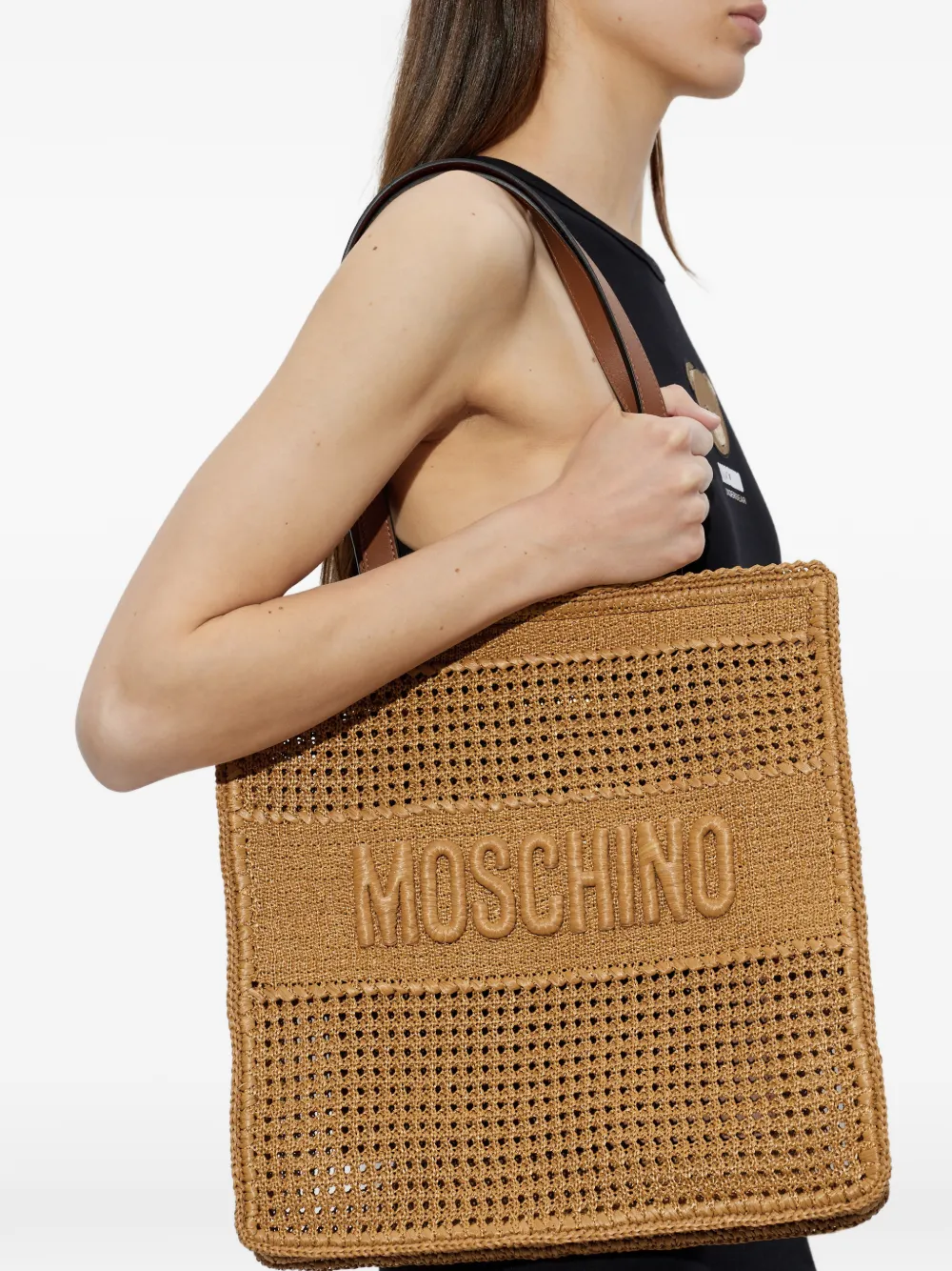 Moschino Raffia shopper met geborduurd logo Beige