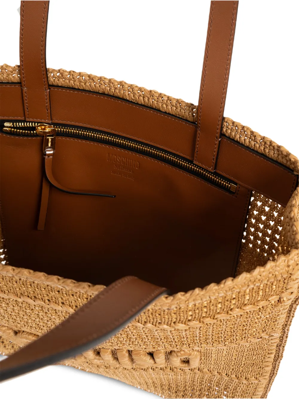 Moschino Raffia shopper met geborduurd logo Beige