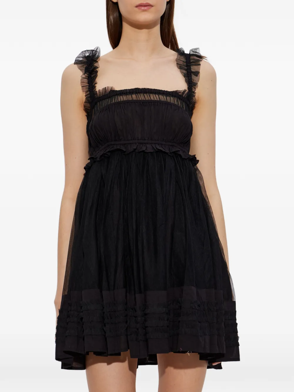 AllSaints Angela mini-jurk met ruches en tulen laag Zwart