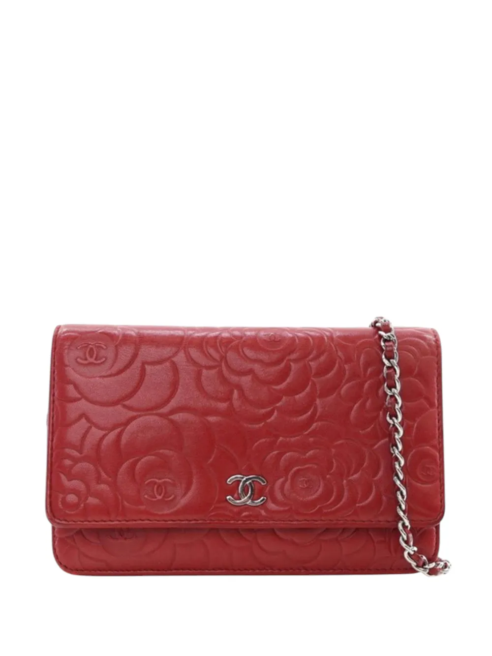 CHANEL Pre-Owned 2014-2015 CC Embossed Lambskin Camellia Wallet On Chain crossbody bag - Rosso