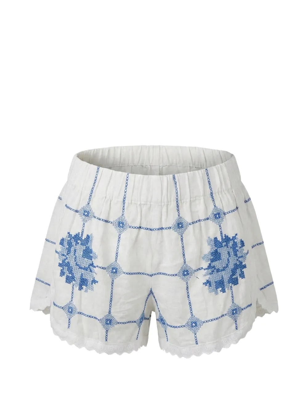 orsina Blue Roses embroidered scalloped-hem shorts - Bianco
