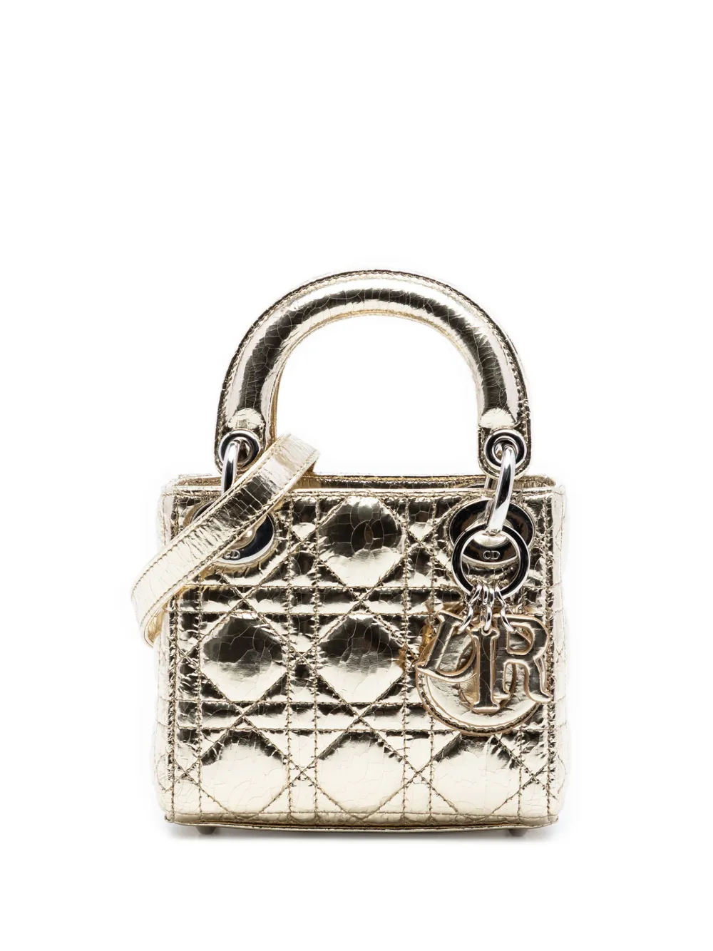 Christian Dior Pre-Owned 2018 Micro Metallic Crinkled Calfskin Cannage Lady Dior satchel - Oro