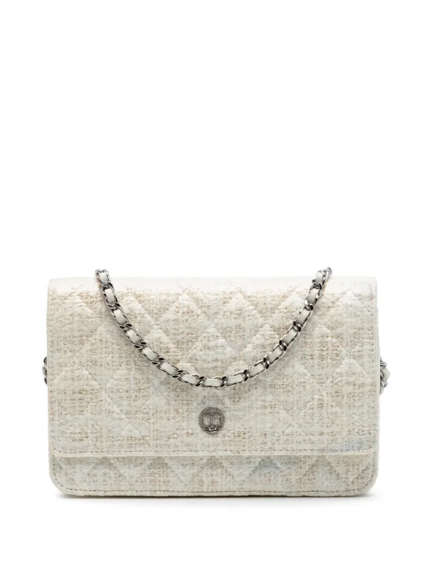 Chanel Pre-owned 2012-2013 CC Coated Tweed Wallet on Chain Crossbody Bag in Brown