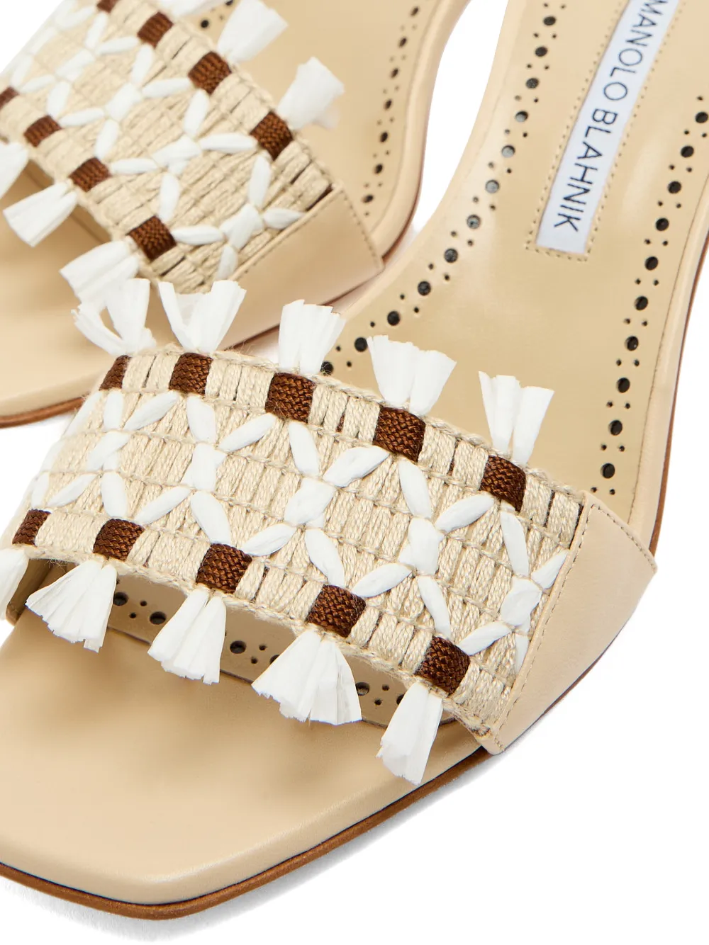 Manolo Blahnik woven-detail fringed mules Beige