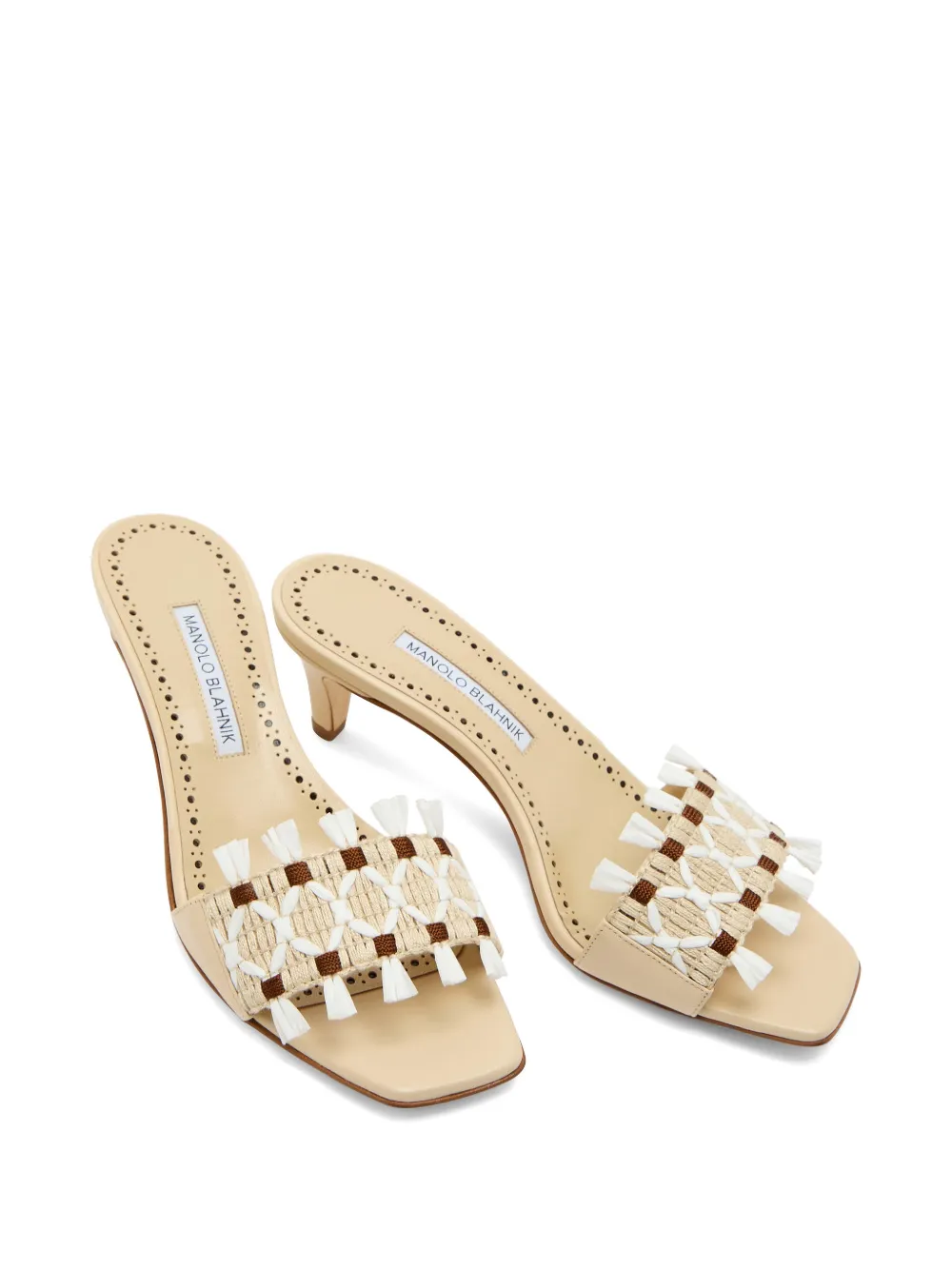 Manolo Blahnik woven-detail fringed mules Beige