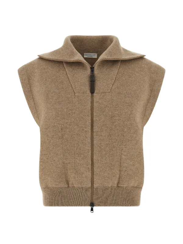 Brunello Cucinelli Zip-up Sleeveless Cardigan in Neutrals
