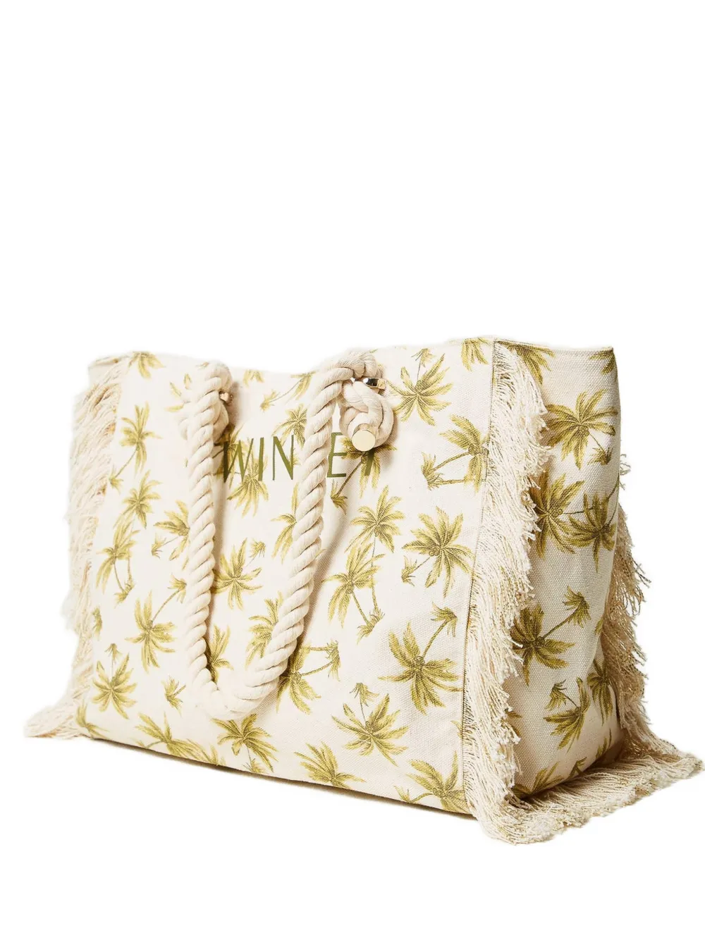 TWINSET Tote Bag mit Palmenprint und Fransen - Nude