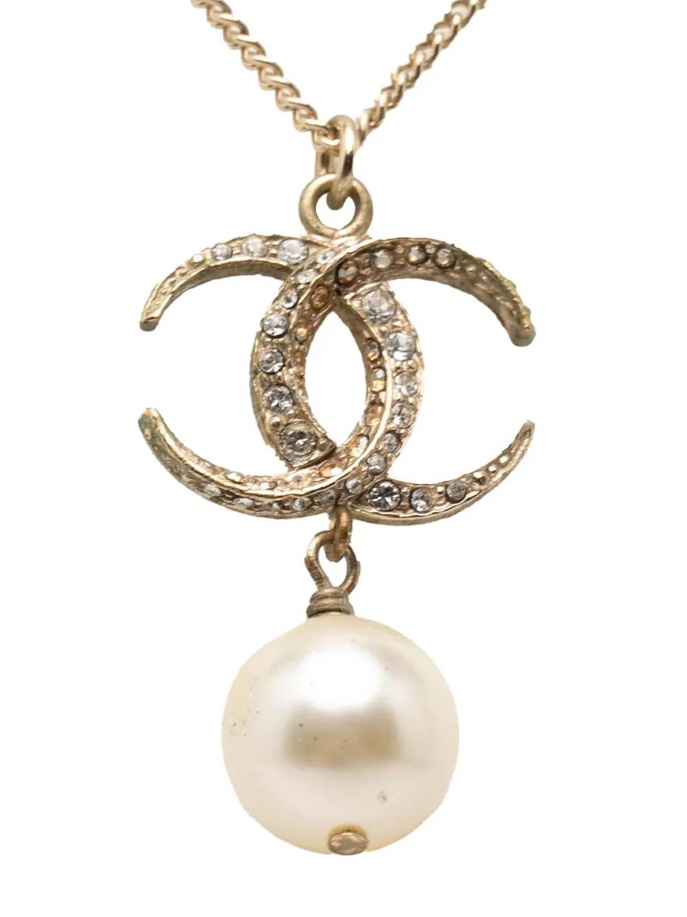 CHANEL Pre-Owned 2015 CC Gold Plated Strass Faux Pearl Drop Pendant Necklace costume necklace - Oro