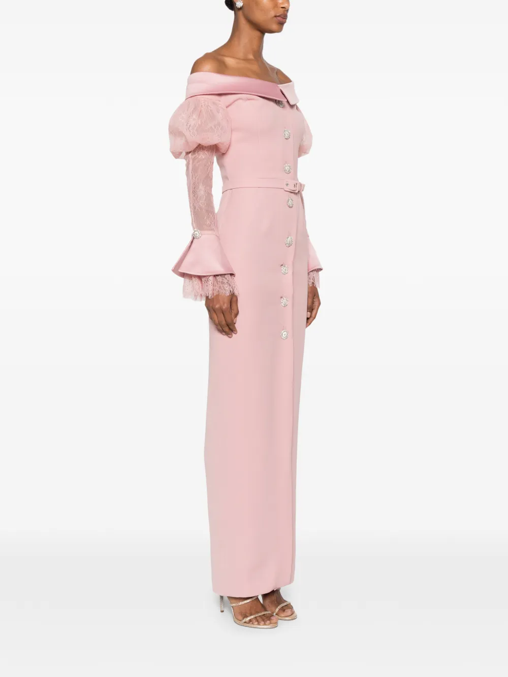 SILK LOVE & LACE Andrea off-shoulder maxi-jurk met kanten vlakken Roze