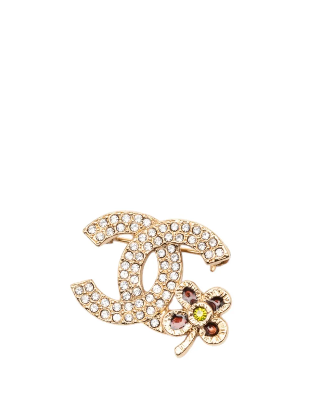CHANEL Pre-Owned 2006 CC Gold Plated Strass Clover Leaf Pin Brooch costume brooch