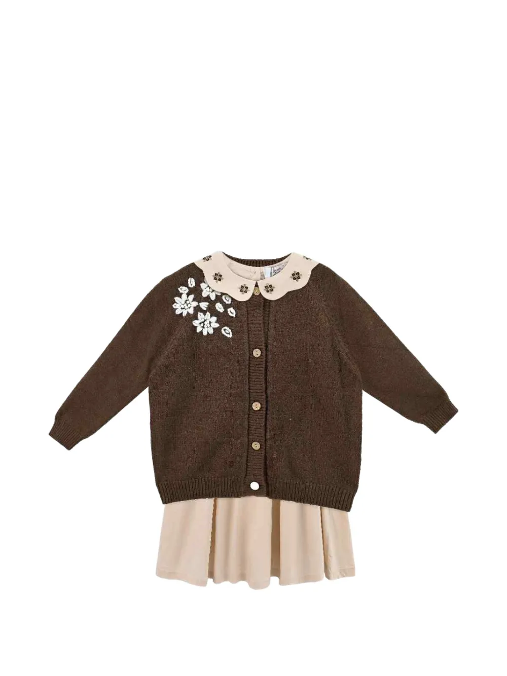 Sweet Cactus Kids' Floral-embroidered Smocked Dress And Cardigan Set In Brown