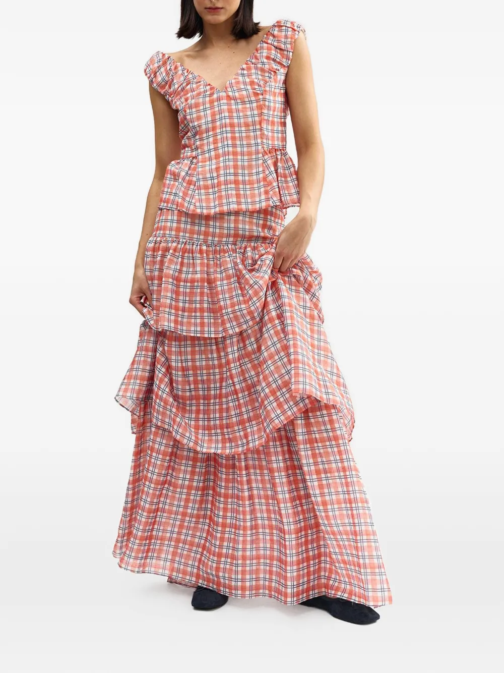 Aston Studio Romane Tiered Plaid Maxi Skirt In Multi