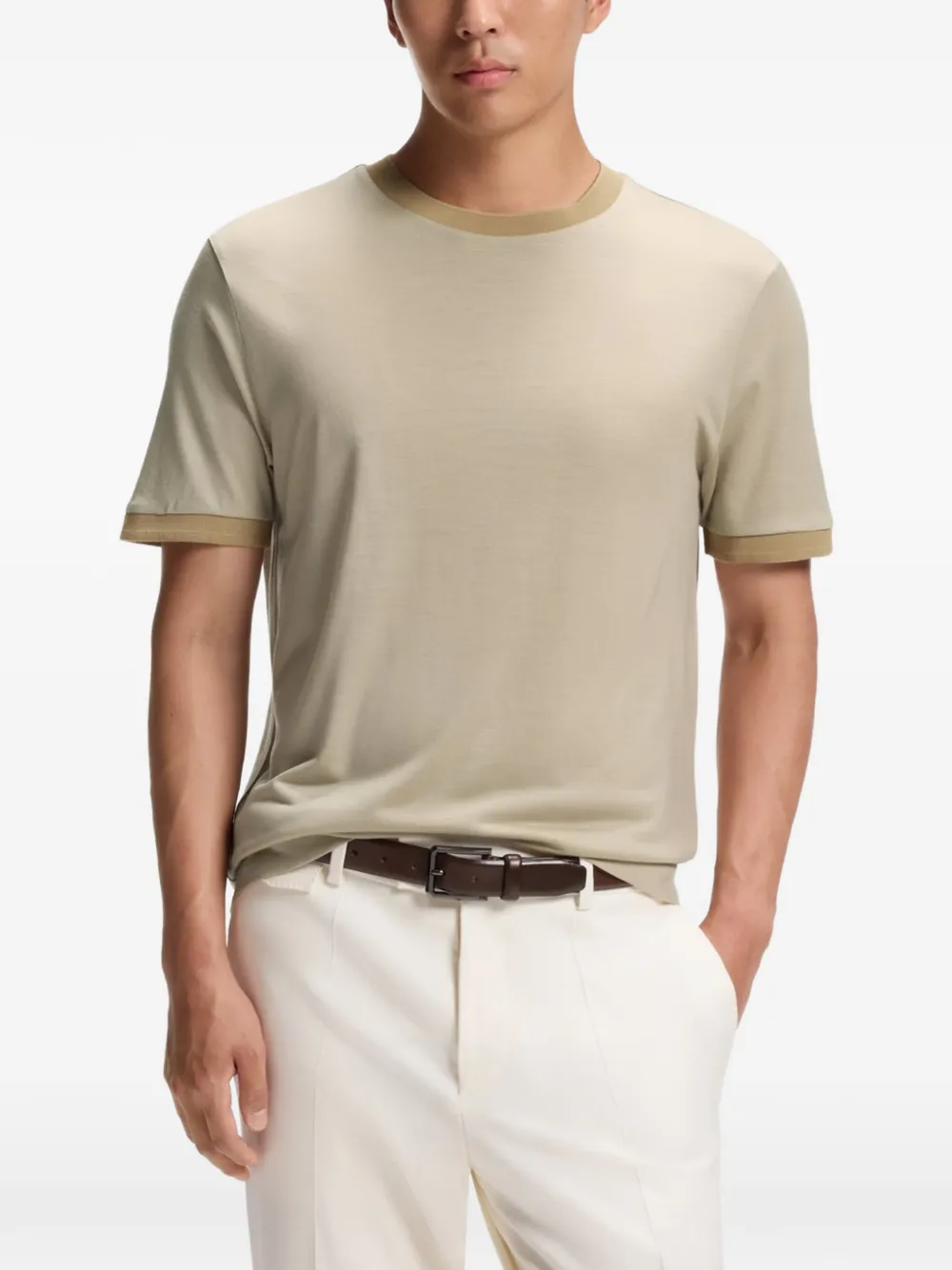 BOSS Wollen T-shirt met geribbelde afwerking Beige