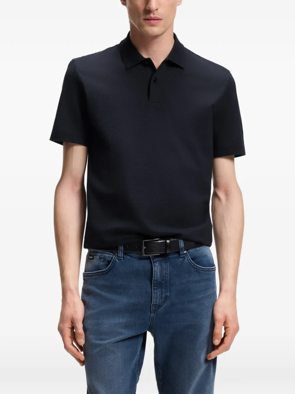 BOSS Poloshirt van katoenblend met bubbelvormig jacquard Blauw