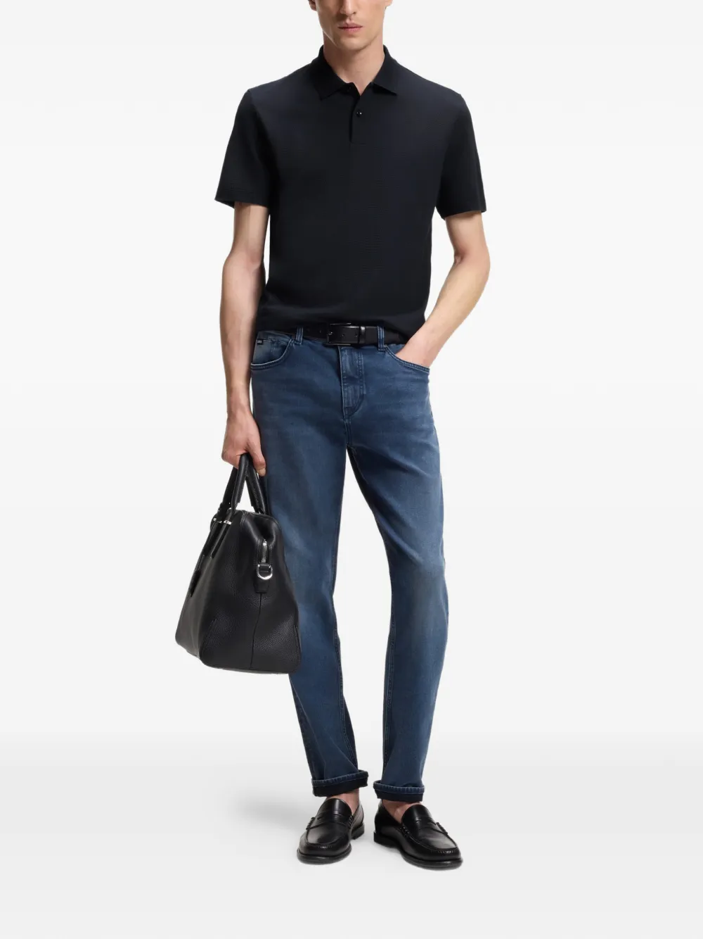 BOSS Poloshirt van katoenblend met bubbelvormig jacquard Blauw