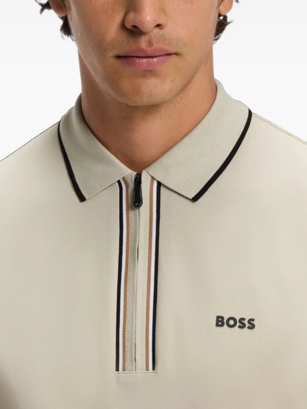 BOSS Poloshirt met rits en logoprint Beige