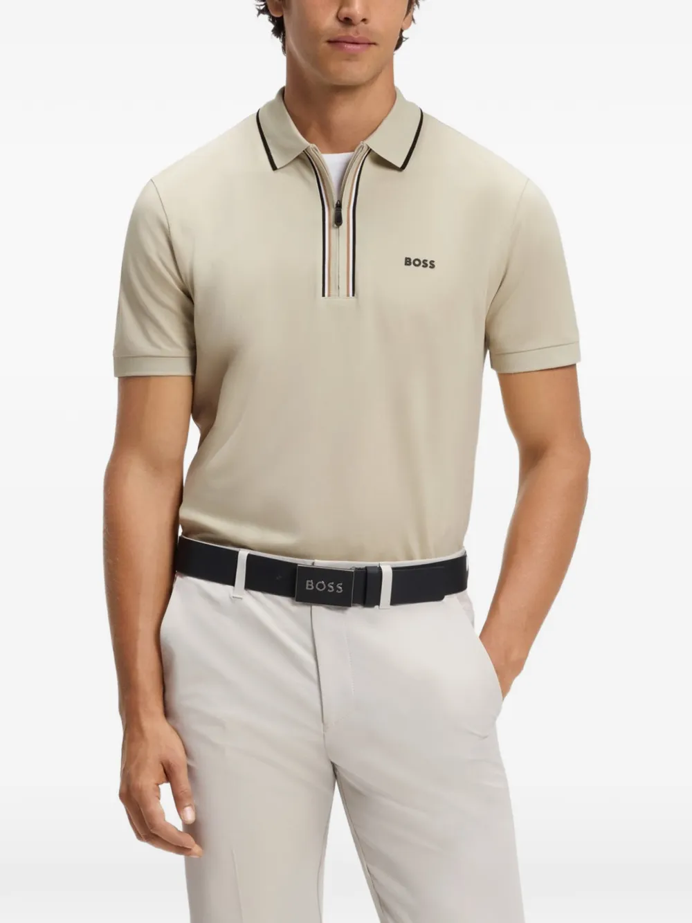 BOSS Poloshirt met rits en logoprint Beige