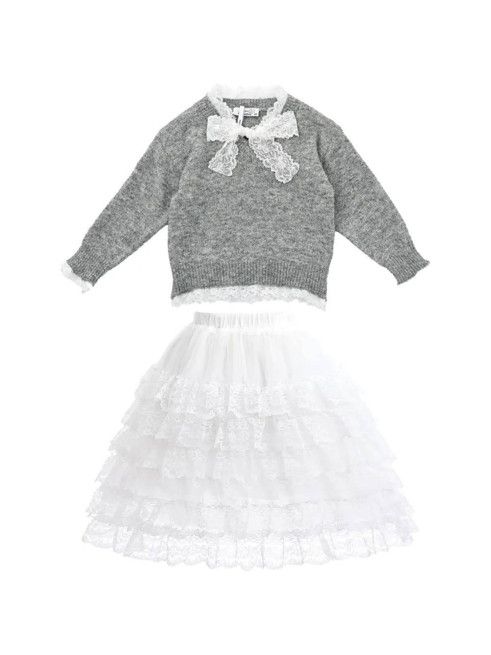 Sweet Cactus lace-bow sweater and skirt set - Bianco