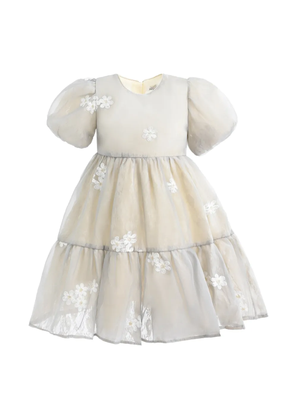 Sweet Cactus Kids' Floral-embroidered Tiered Dress In Neutral