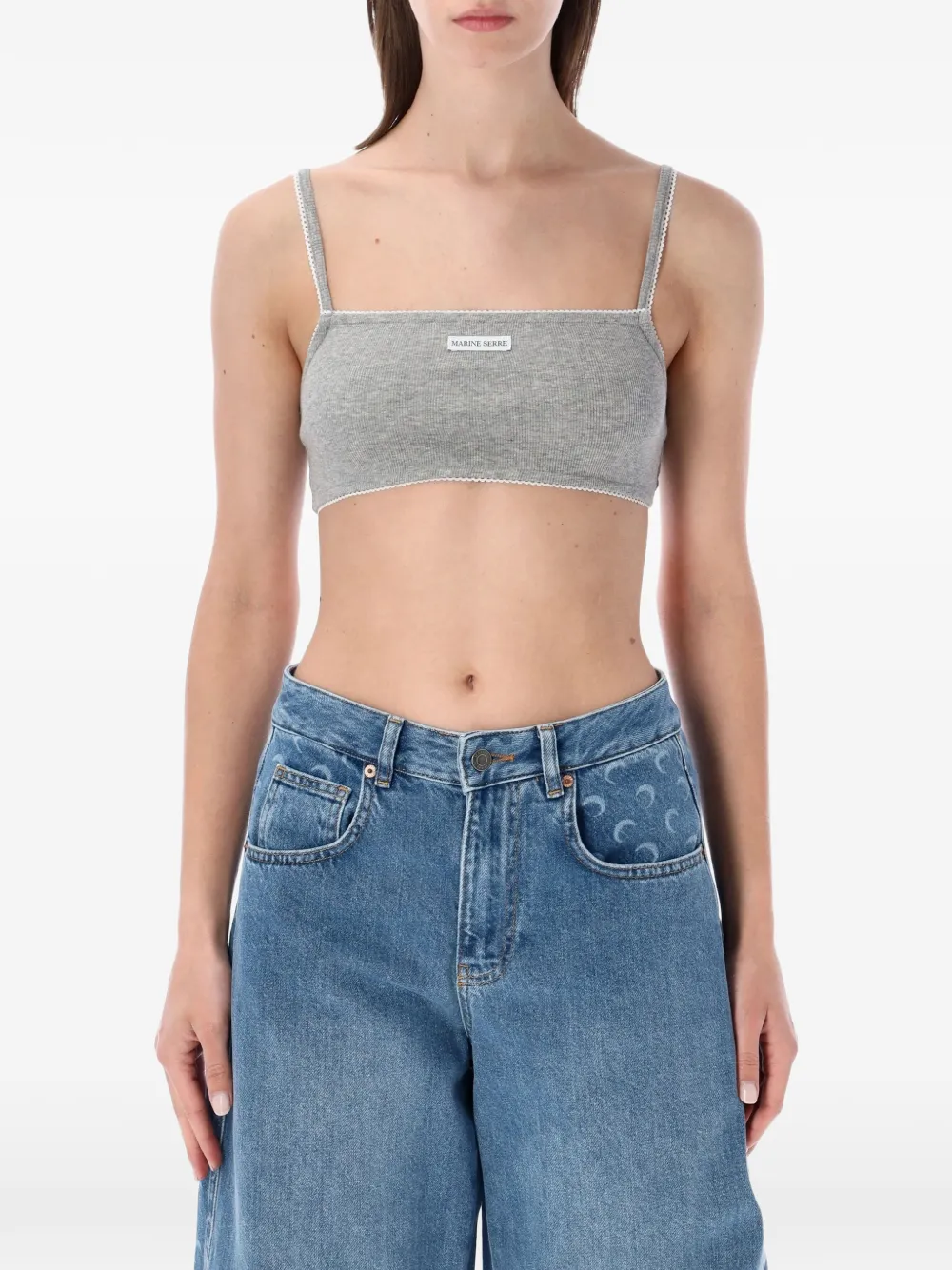Marine Serre logo-patch ribbed-knit bra - Grigio