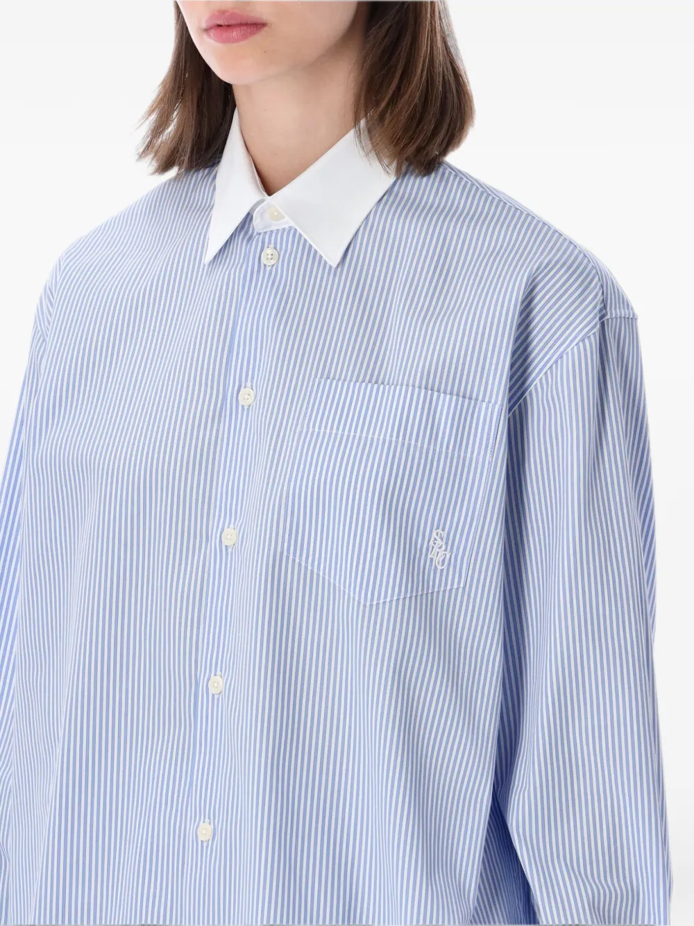 Sporty & Rich Overhemd met geborduurd logo en verticale streep Blauw