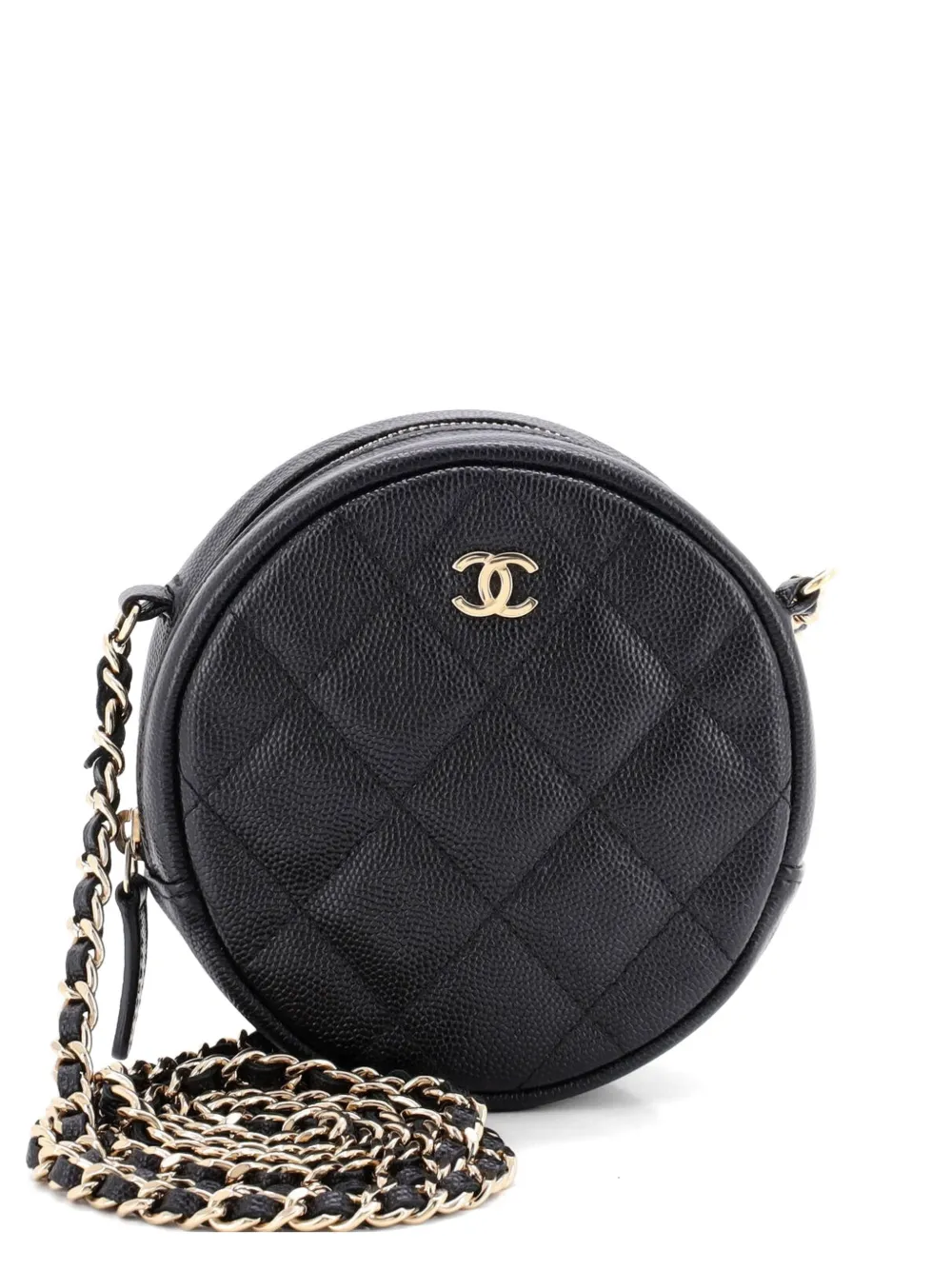 Pre-owned Chanel Miss Coco Round With Chain Quilted Caviar Mini Clutch Bag In Black