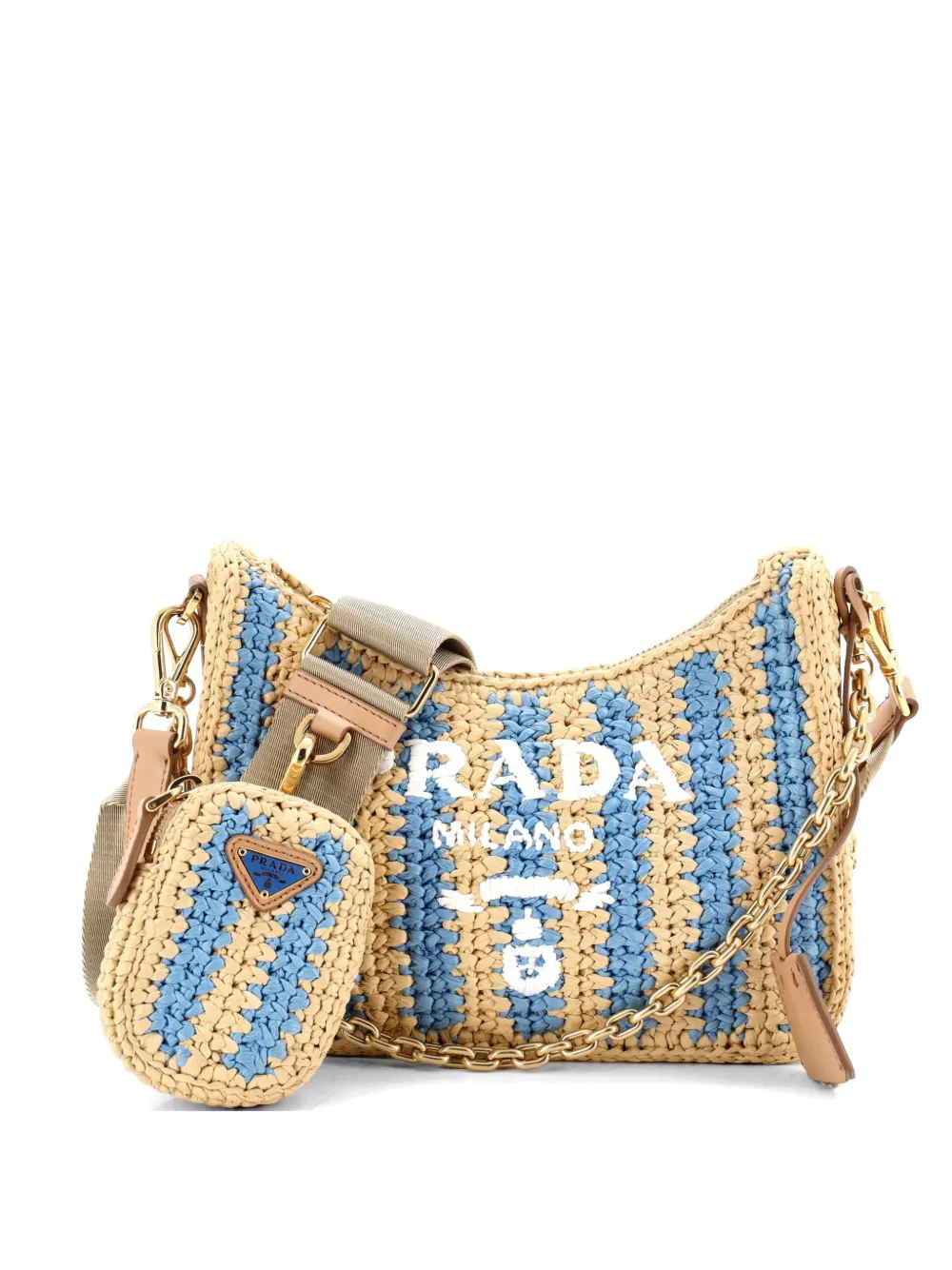 Prada Pre-Owned Kleine Re-Edition 2005 Schultertasche aus gestreiftem Raffiabast - Blau