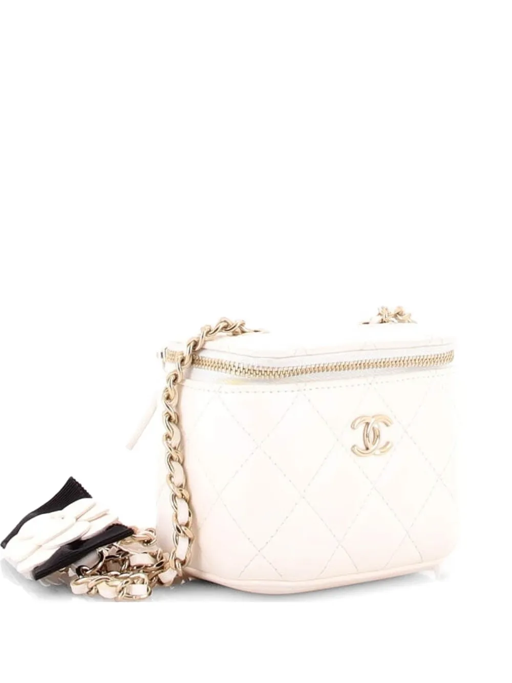 CHANEL Pre-Owned Borsa a tracolla Vanity Case mini in pelle di agnello trapuntata con fiocco e camelia - Bianco