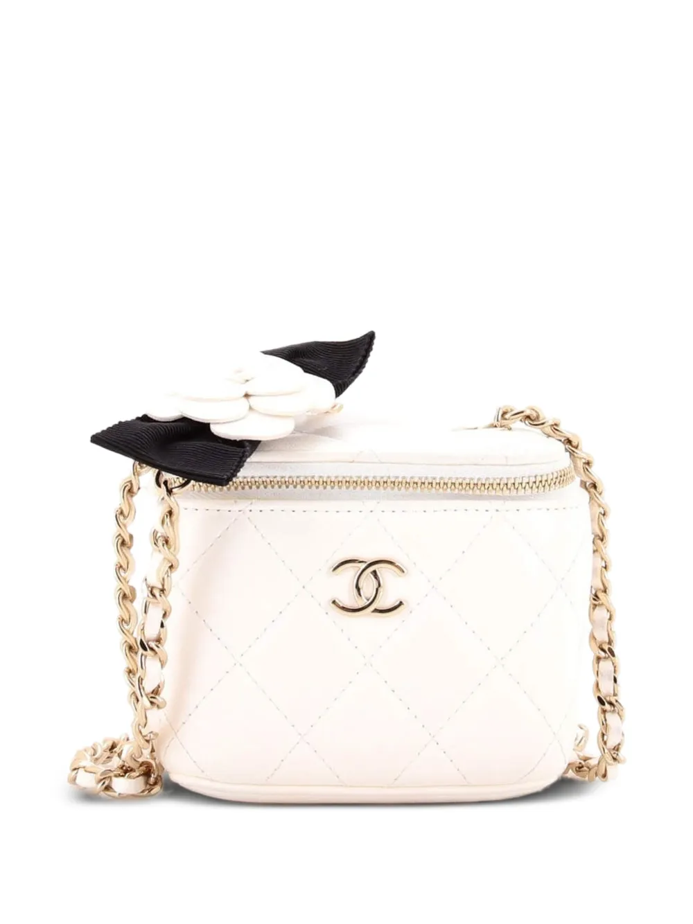 CHANEL Pre-Owned Camellia Bow Vanity Case with Chain Quilted Lambskin Mini crossbody bag - White
